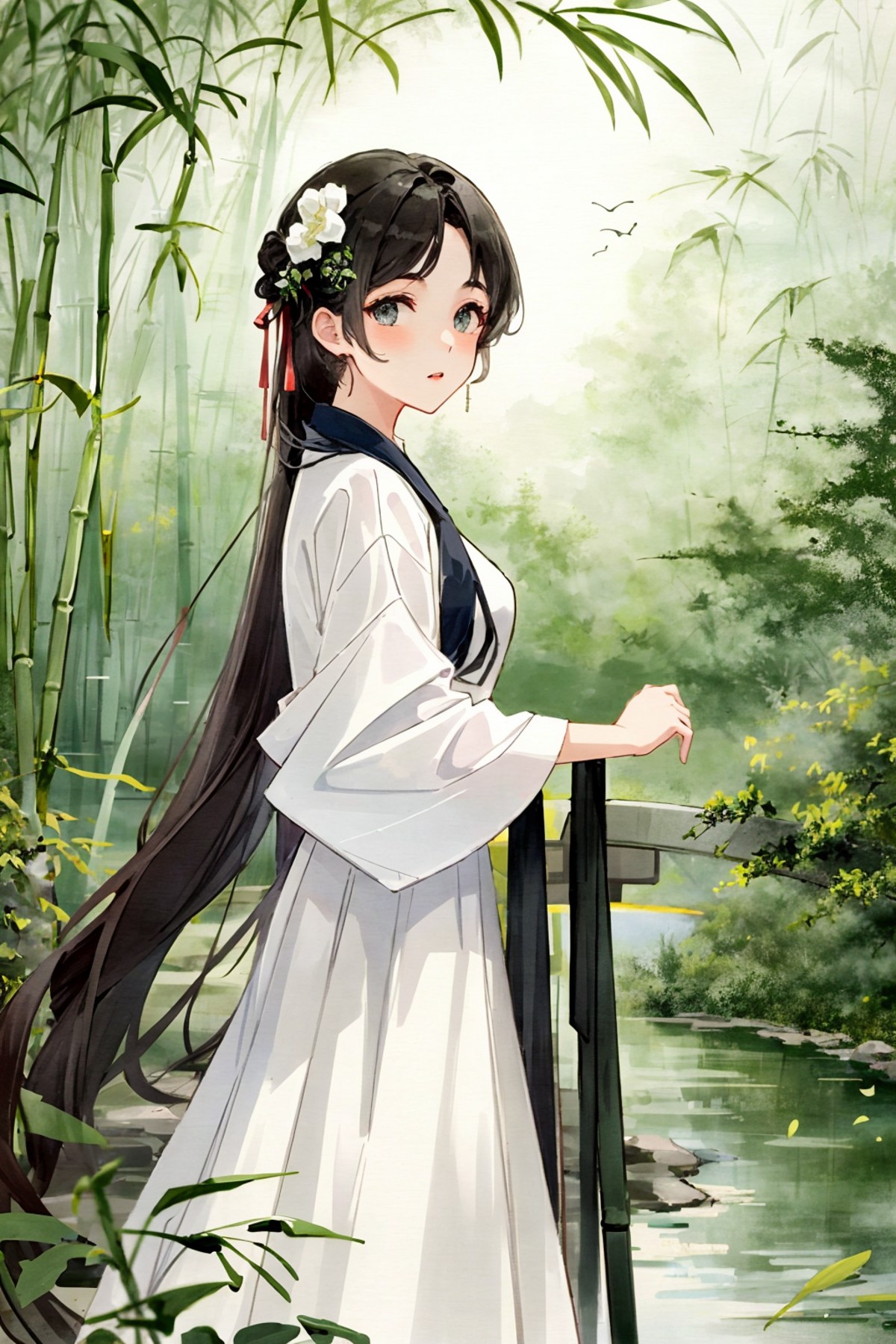 13 year old girl,white shirt,beauty,  (trees:0.5), (flowers:0.6) ,(birds:0.2), (bamboo0.1), lakes, Hangzhou,looking at vie...